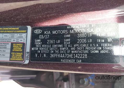 2017 Kia Forte Lx from USA, damaged, VIN 3KPFK4A70HE142228